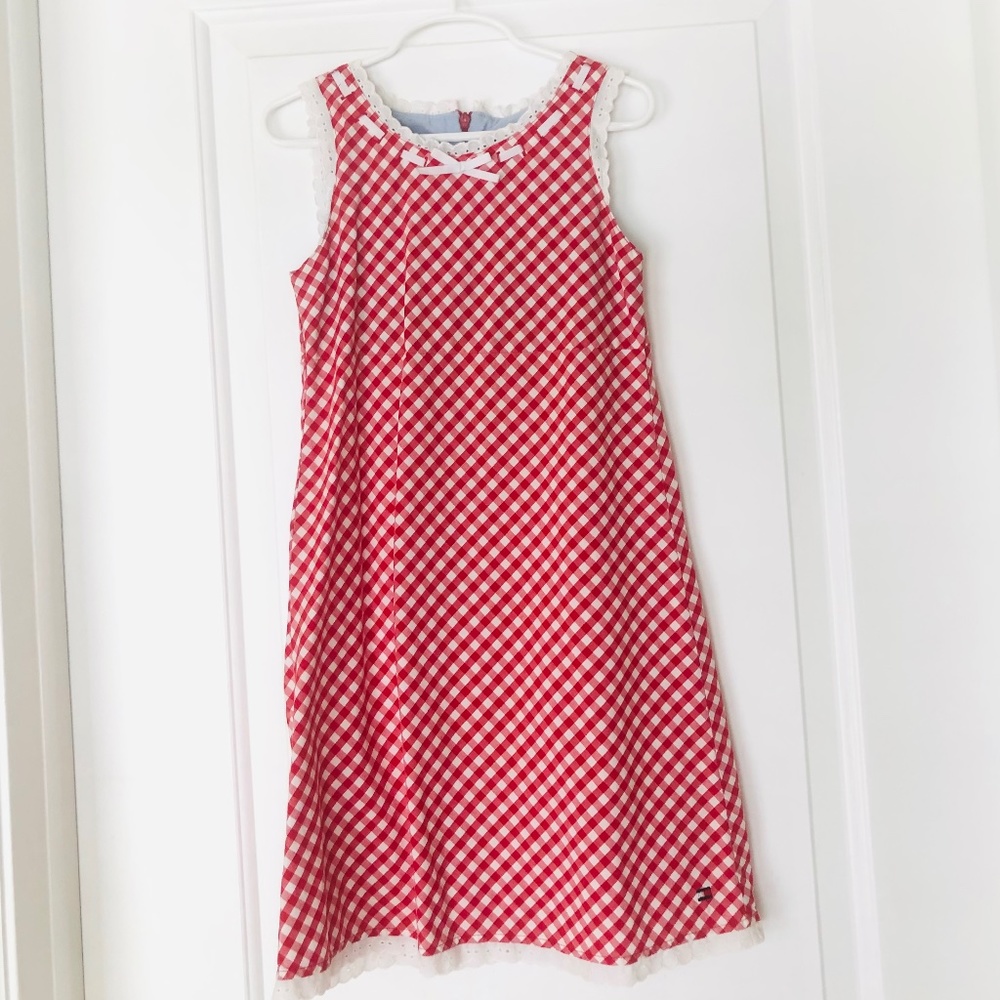 Tommy Hilfiger French Embroidery Red and White Gingham Sleeveless Dress EUC